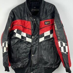 Ungava Snowmobile Leather Jacket Size L Black Red Full Zip Snap Lined Insulated